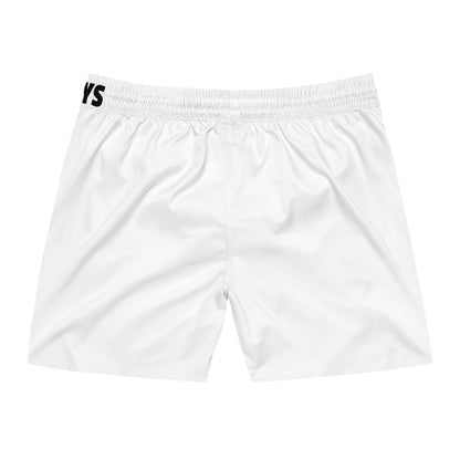 Swim Shorts — White Mid-Length Beach Trunks with 'Progeria Research Foundation' Logo