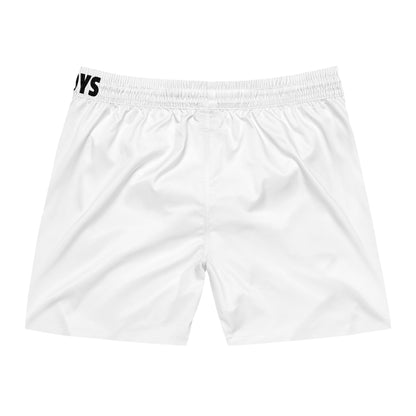 Swim Shorts - 'Why Wait?' White Mid-Length Beach Trunks
