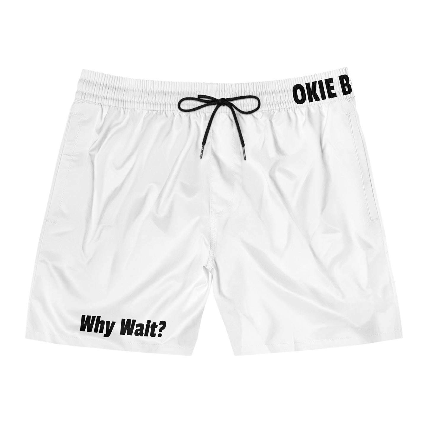 Swim Shorts - 'Why Wait?' White Mid-Length Beach Trunks