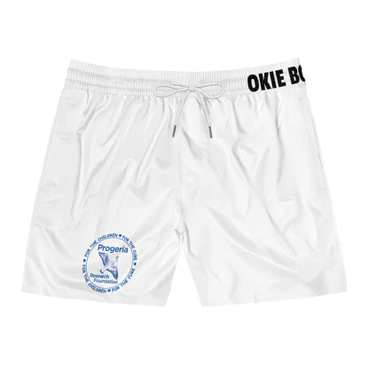 Swim Shorts — White Mid-Length Beach Trunks with 'Progeria Research Foundation' Logo
