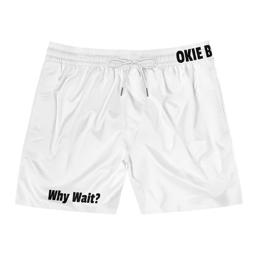 Swim Shorts - 'Why Wait?' White Mid-Length Beach Trunks