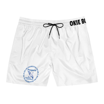 Swim Shorts — White Mid-Length Beach Trunks with 'Progeria Research Foundation' Logo